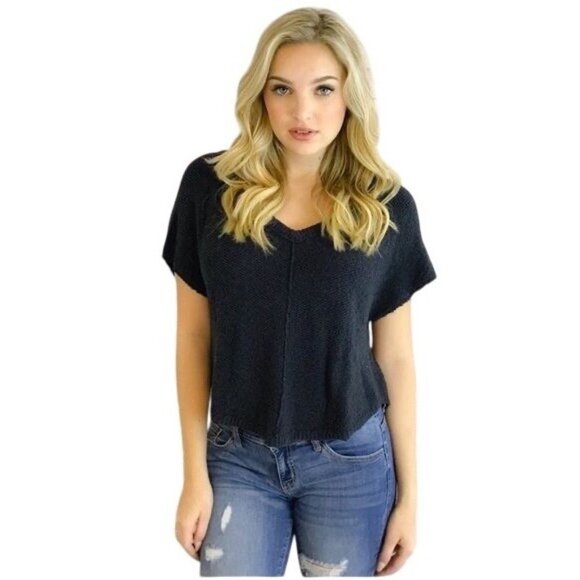 NWT Free People Charcoal Slouchy Slub Knit Short Sleeve Sweater Top - Picture 4 of 6